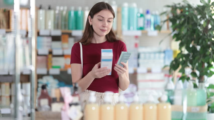  Young woman buyer chooses moisturizing cream in pharmacy