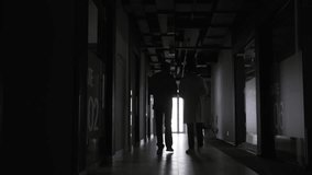 Rear view of two doctors walking through a dark long hospital corridor toward light exit. Silhouettes of male medical professionals in coats symbolizing hope, dedication and commitment in healthcare - Powered by Shutterstock - Get 15% off with code: PIKWIZARD15