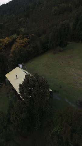 Vertical Drone Side View: Remote Cabin Surrounded by Trees in Patagonia Mountains