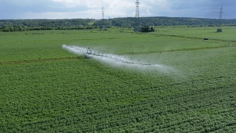 Drone Orbiting above Irrigated Field Moscow Region