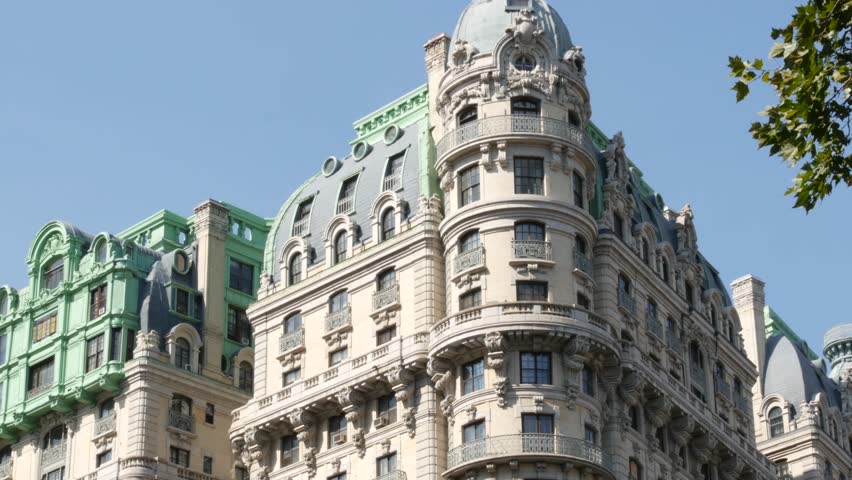 New York City Manhattan Broadway street Ansonia building 1904, United States of America. Hotel or condos in Upper West Side. Old historic condominiums architecture, green cooper patina on roof in USA.