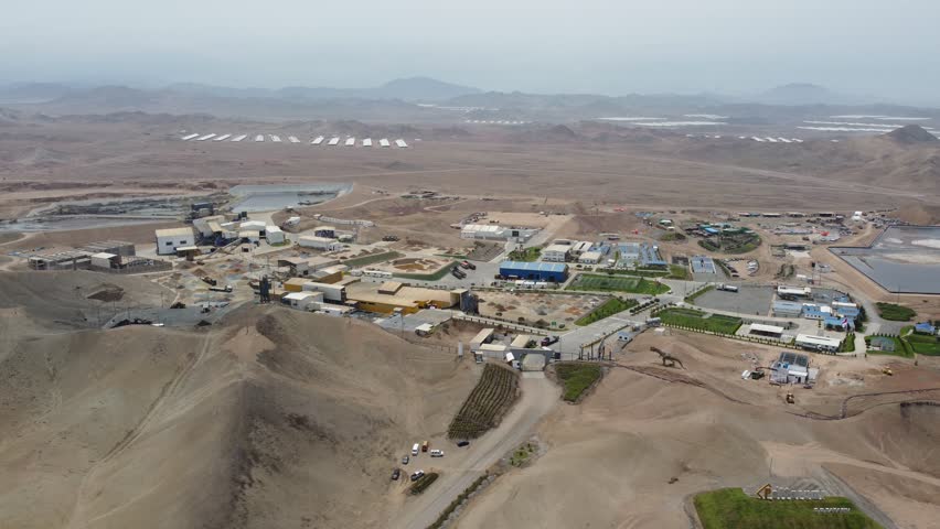 Wide aerial shot of the antamina copper and zinc mine facilities in the desert of ancash, peru