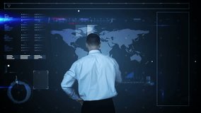 Ticking digital clock over rear view of businessman touching screen with data processing. Computer interface and technology concept - Powered by Shutterstock - Get 15% off with code: PIKWIZARD15