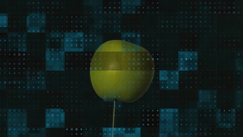 Animation of arrow piercing through granny smith apple over squares shapes and dots. Digitally composite, multiple exposure, symmetry, aim, accuracy, fruit, healthy and technology concept.