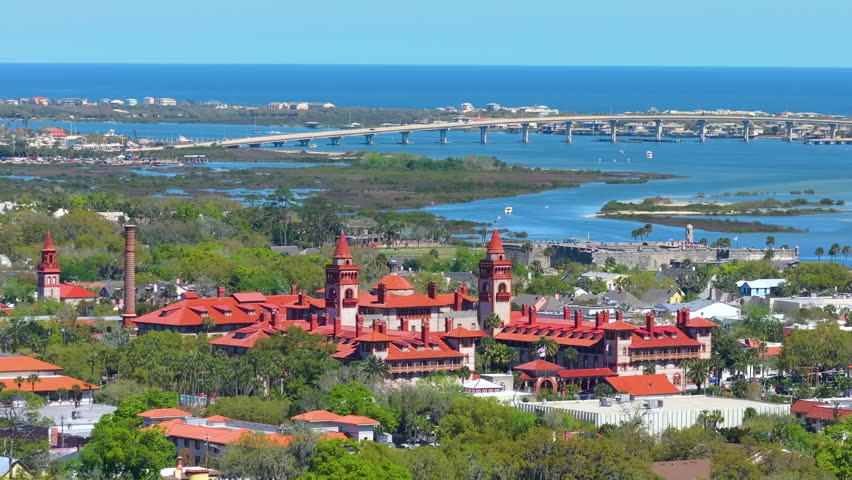 Historical American city architecture. Flagler College campus in St. Augustine, old city in Florida state. Streets and buildings from above.