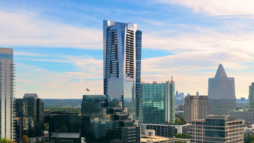 Atlanta Buckhead cityscape with tall corporate and residential skyscraper buildings and urban traffic. Modern American city uptown.