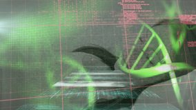 Animation of digital infographic interface with dna helix over sleeping caucasian woman at home. Digital composite, multiple exposure, globalization, data, coding, genetic, futuristic and technology. - Powered by Shutterstock - Get 15% off with code: PIKWIZARD15