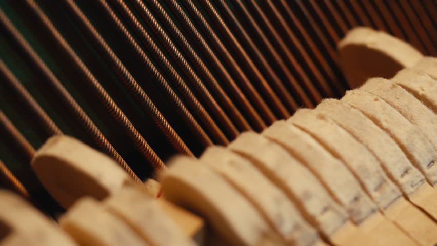 Man playing and tuning piano, Old vintage piano hammers with strings close up, 