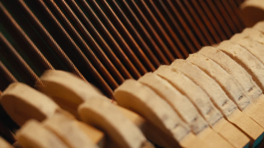 Man playing and tuning piano, Old vintage piano hammers with strings close up, 