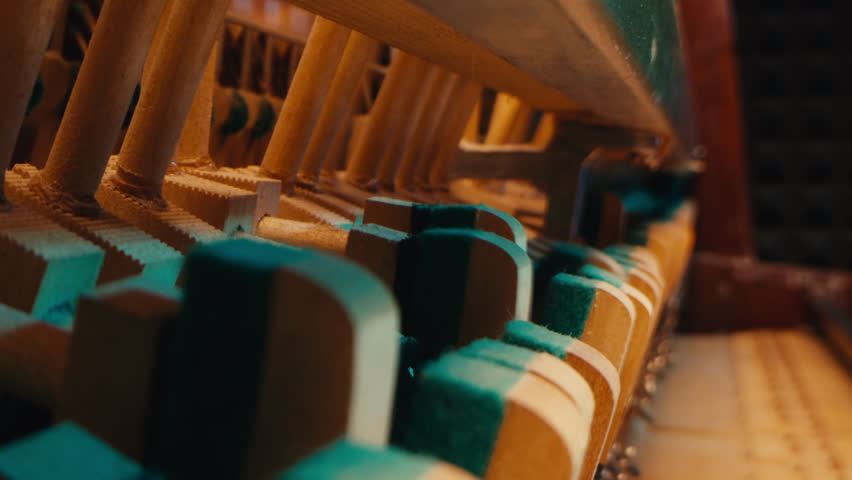 Man playing and tuning piano, Old vintage piano hammers with strings close up, 