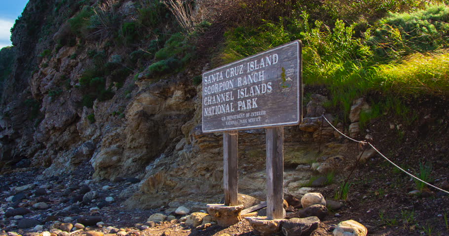 Channel Islands National Park Sign Coastal Landscape Timelapse at Santa Cruz Island Scorpion Anchorage Harbor Beach 