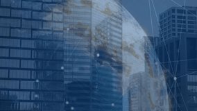 Animation of digital clock, connected icons and rotating globe over buildings in city. Digital composite, multiple exposure, globalization, abstract, architecture, telecommunication and technology. - Powered by Shutterstock - Get 15% off with code: PIKWIZARD15