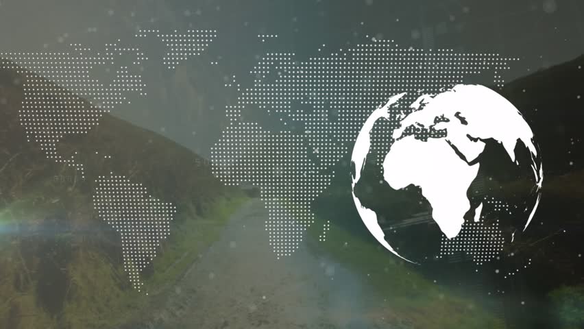 This video features animations of glowing lights over a dark background, representing data processing, energy and movement. The footage also includes a spinning globe and world map, symbolizing the