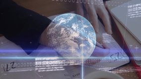 Animation of financial data processing, binary coding, globe over woman writing. Global finance, business and data processing concept digitally generated video. - Powered by Shutterstock - Get 15% off with code: PIKWIZARD15