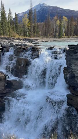 Cinematic footage of Athabasca Falls in Jasper National Park, Alberta, Canada. Powerful glacial waters of the Athabasca River rush through a narrow rocky canyon, surrounded by the dramatic landscapes of the Canadian Rockies. A stunning natural landmark known for its force, beauty, and scenic wilderness setting, ideal for travel, tourism, and nature projects.