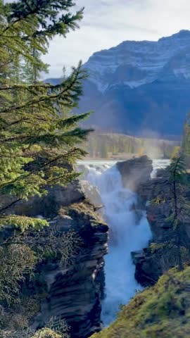 Powerful Athabasca Falls flowing through Jasper National Park in Alberta, Canada. Scenic Canadian Rockies landscape featuring rushing glacial water, rocky canyon terrain, forest wilderness, and dramatic natural beauty. Perfect for travel, tourism, nature, and cinematic projects.