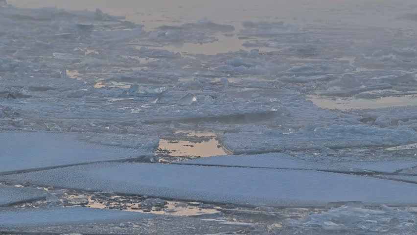 Saint-Petersburg, Russia city center - Neva river vapors in frost . Broken ice floats