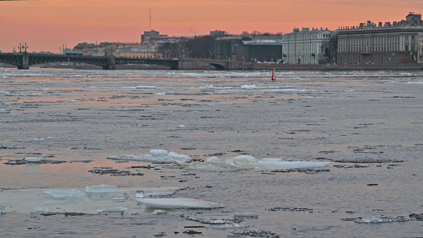 Saint-Petersburg, Russia city center - Broken ice floats in the  Neva river 