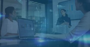 Animation of statistical data processing over businesswoman giving a presentation at office. Business data technology concept - Powered by Shutterstock - Get 15% off with code: PIKWIZARD15