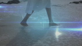 Network of connections and data processing animation over person walking on beach. Technology, digital, communication, information, futuristic, cyberspace - Powered by Shutterstock - Get 15% off with code: PIKWIZARD15
