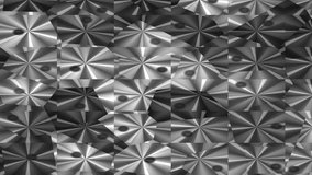 This abstract pattern features repeating metallic geometric radial shapes that appear to be spinning with bright reflective surfaces creating a dynamic monochromatic visual composition. - Powered by Shutterstock - Get 15% off with code: PIKWIZARD15