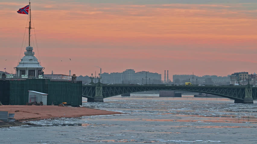 Saint-Petersburg, Russia city center - Neva river vapors in frost. Ice floating in the river