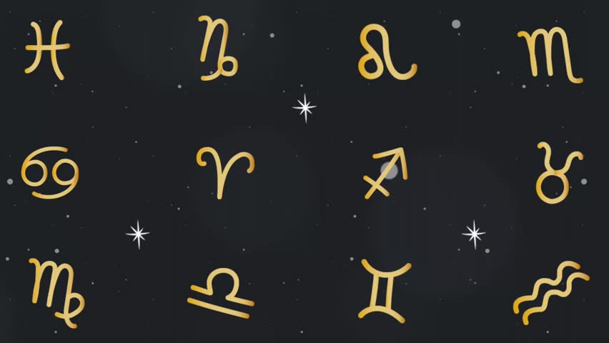 Zodiac Signs Animation. Horoscope Abstract Background with Zodiac Signs, Stars. Astrology Moving Pattern. Video in Gold, Black, White