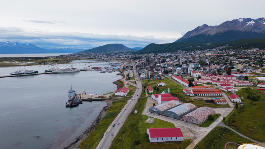 Ushuaia, The Capital Of The Tierra Del Fuego Province In Argentina - Aerial Drone Shot