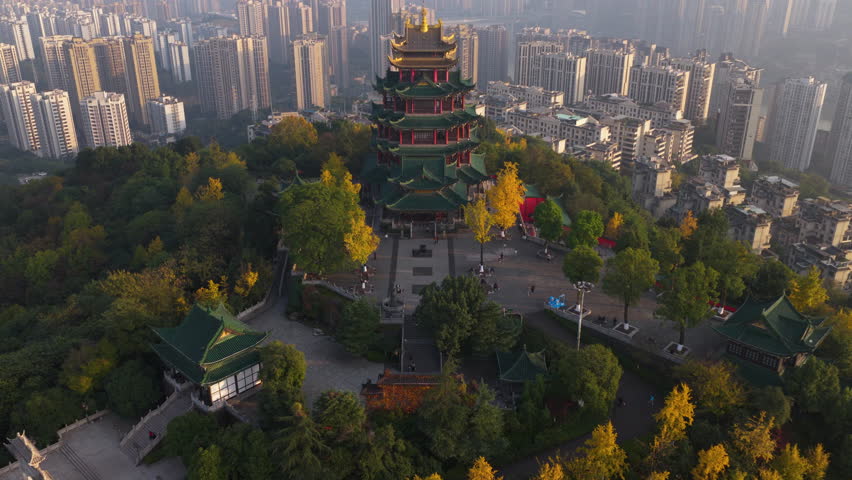People At Hongen Pavilion During Sunset In Chongqing, China. - aerial shot