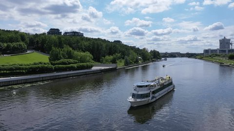 Drone Flying Backward above River Krasnogorsk