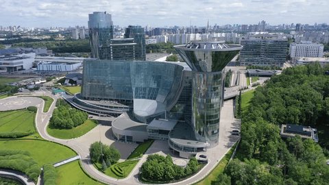 Drone Approaching Office Complex Helipad