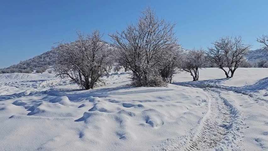 A snowy winter hillside with vehicle tracks on the soft snow and distant mountain peaks under a clear blue sky creating a calm, open landscape.  
📍Marivan, Kurdistan 