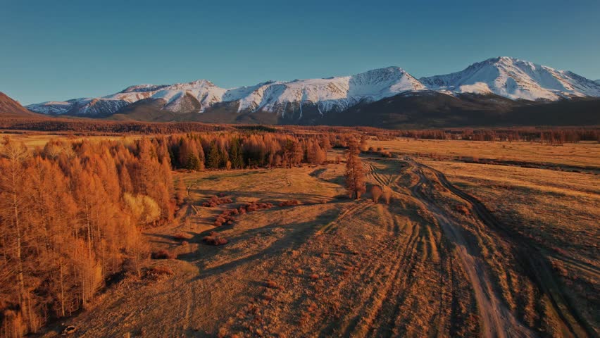 Aerial view Altai Russia, beautiful landscape autumn forest meandering road with snow peaks mountains.