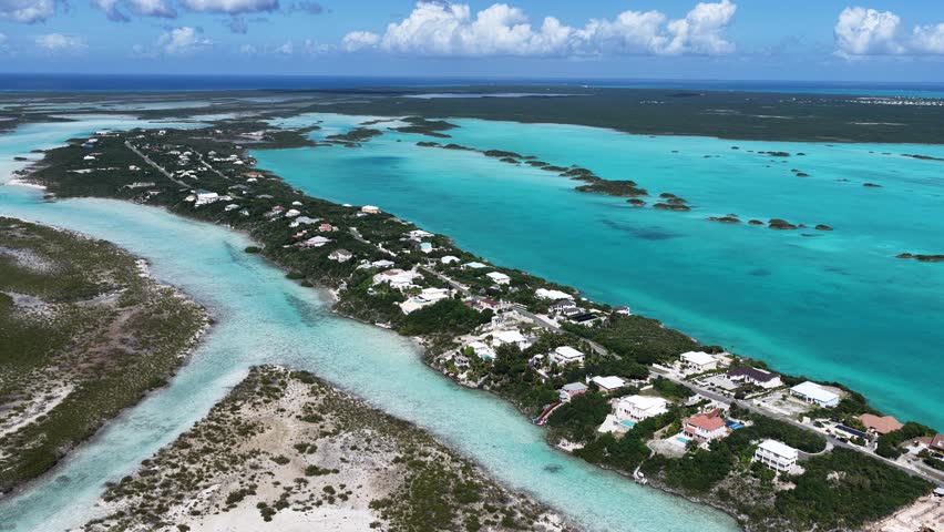 Luxury Island At Chalk Sound National Park In Turks And Caicos England. Beach Landscape. Shades Of Blue Watercolor. Travel Destination. Luxury Island In Chalk Sound National Park. Nature Seascape.