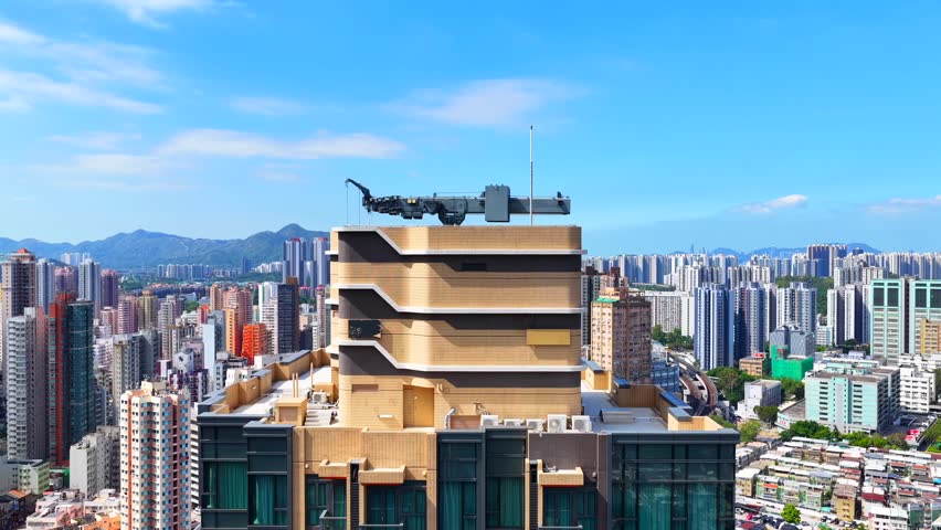 Aerial view of YOHO Hub, a massive integrated development featuring residential towers, rail station, and shopping complex in Hong Kong Yuen Long Northern Metropolis