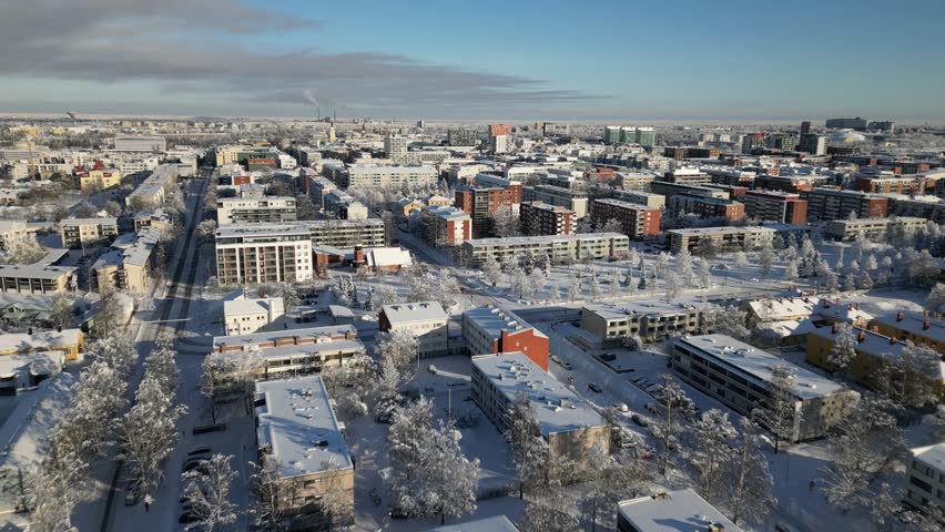 Aerial view of cold winter scenery in Oulu, Finland