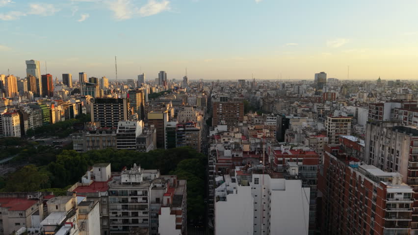 Densely Populated Downtown Area With High Rise Buildings At Sunset In Buenos Aires, Argentina. Aerial Shot