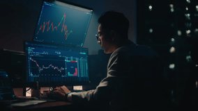 A cinematic side-view shot of a professional trader intensely focused on dual monitors displaying real-time stock market analytics and candlestick charts in a moody, low-light office environment - Powered by Shutterstock - Get 15% off with code: PIKWIZARD15