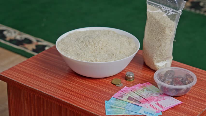 Close-up of Zakat Fitrah offerings including staple food and currency for Ramadan donations