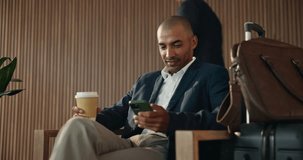 Phone, texting and business man in airport lounge for layover notice, flight schedule and contact. Communication, boarding pass and travel update with person and tech in lobby for waiting room - Powered by Shutterstock - Get 15% off with code: PIKWIZARD15