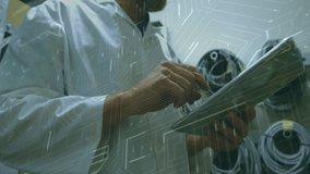 Animation of data processing over caucasian male scientist using tablet. Global science, connections, computing and data processing concept digitally generated video. - Powered by Shutterstock - Get 15% off with code: PIKWIZARD15