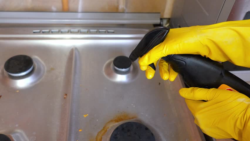 Housekeeper in yellow rubber gloves spraying cleaning detergent on a dirty stainless steel gas cooktop, preparing the kitchen surface for deep cleaning and removing stubborn grime and grease