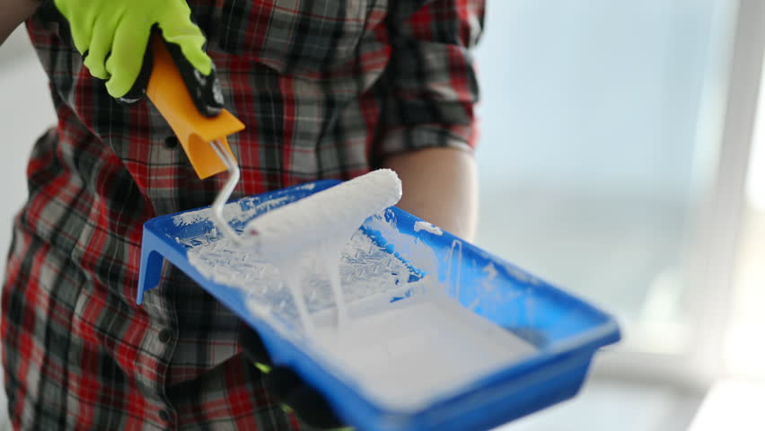 Woman Mixing A Brush In A Tray With A Roller To Get Ready To Paint Walls White