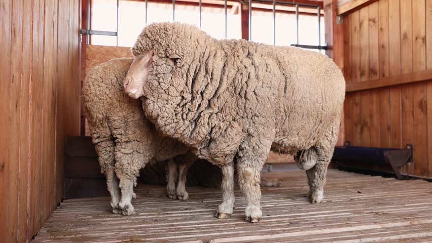 Merino sheep with thick wool inside barn, shifting gaze across frame for agriculture and farming concept.