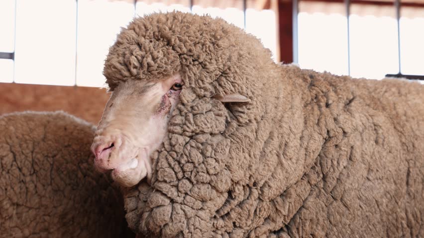 Merino sheep with thick wool inside barn, shifting gaze across frame for agriculture and farming concept.
