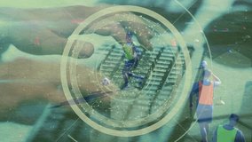 Animation of data processing and hands of programmer over diverse male soccer players. global sports, technology, data processing and digital interface concept digitally generated video. - Powered by Shutterstock - Get 15% off with code: PIKWIZARD15