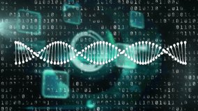 Animation of binary coding data processing over dna strands spinning. global science, research and data processing concept digitally generated video. - Powered by Shutterstock - Get 15% off with code: PIKWIZARD15