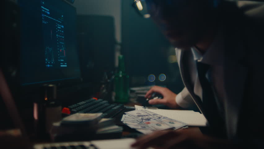 A cinematic wide shot of a professional stock trader in a white suit, working late at his desk surrounded by multiple monitors displaying financial charts and stacks of 100-dollar bills