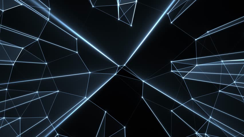 Black and blue glowing laser light grid plexus polygonal connection lines abstract geometric background animation