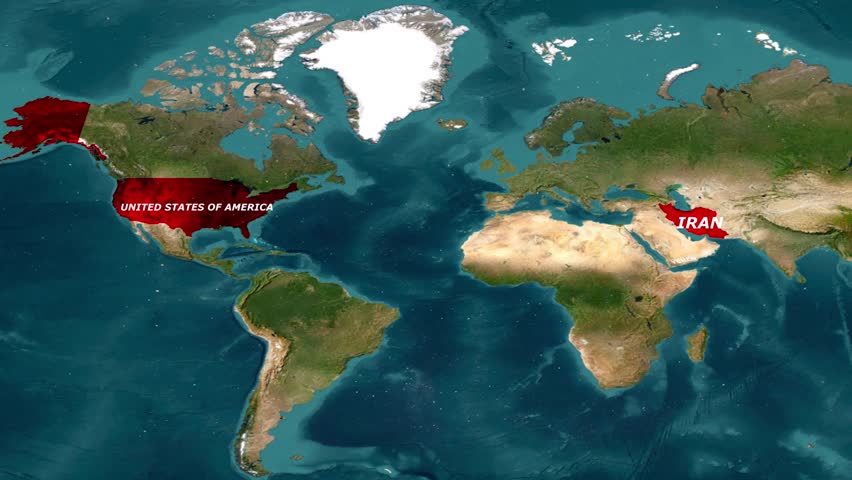 World Map Showing United States vs Iran With Large Nuclear Explosion Graphic.